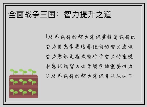 全面战争三国：智力提升之道